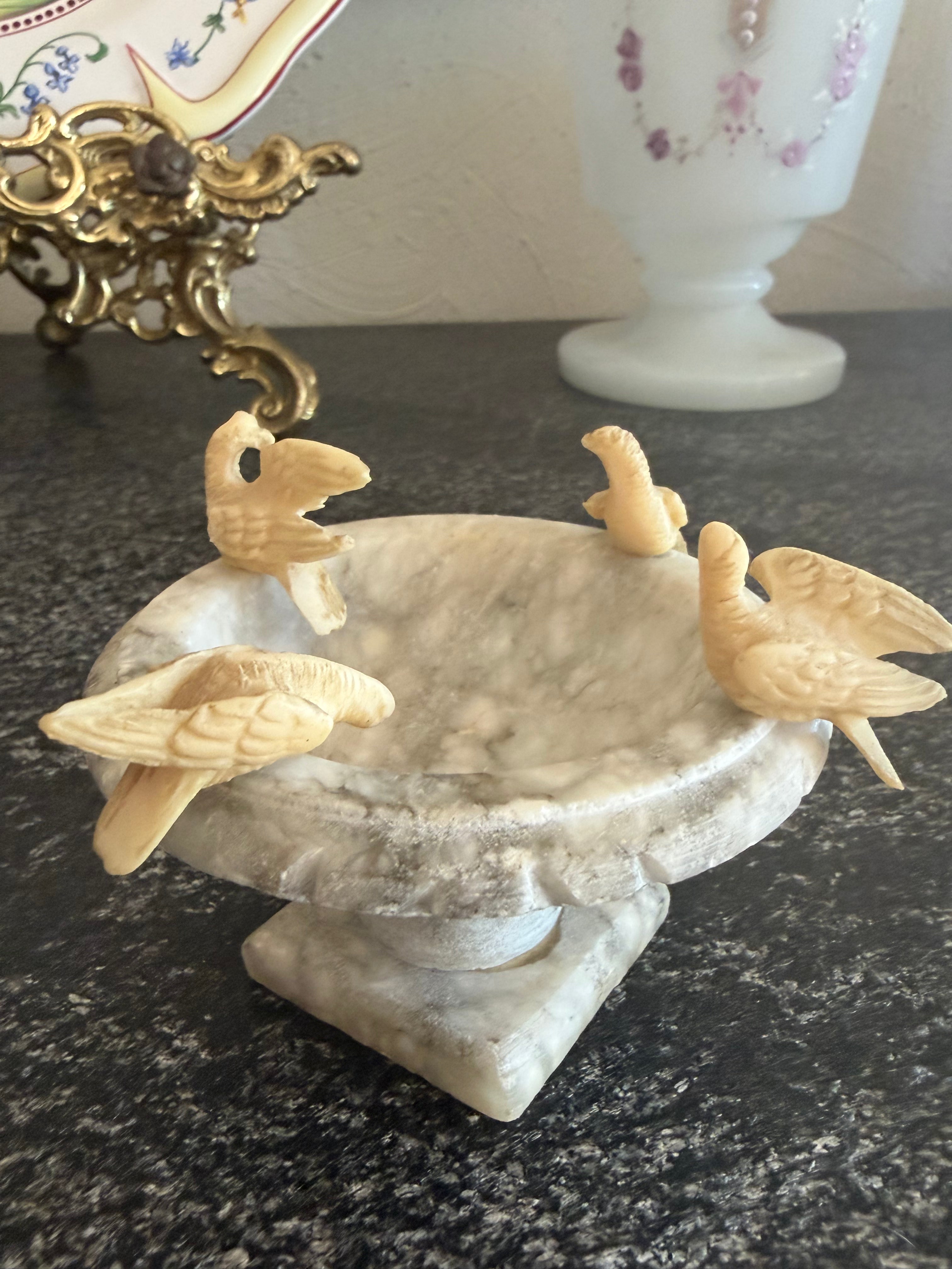 Alabaster Birdbath with Four Birds