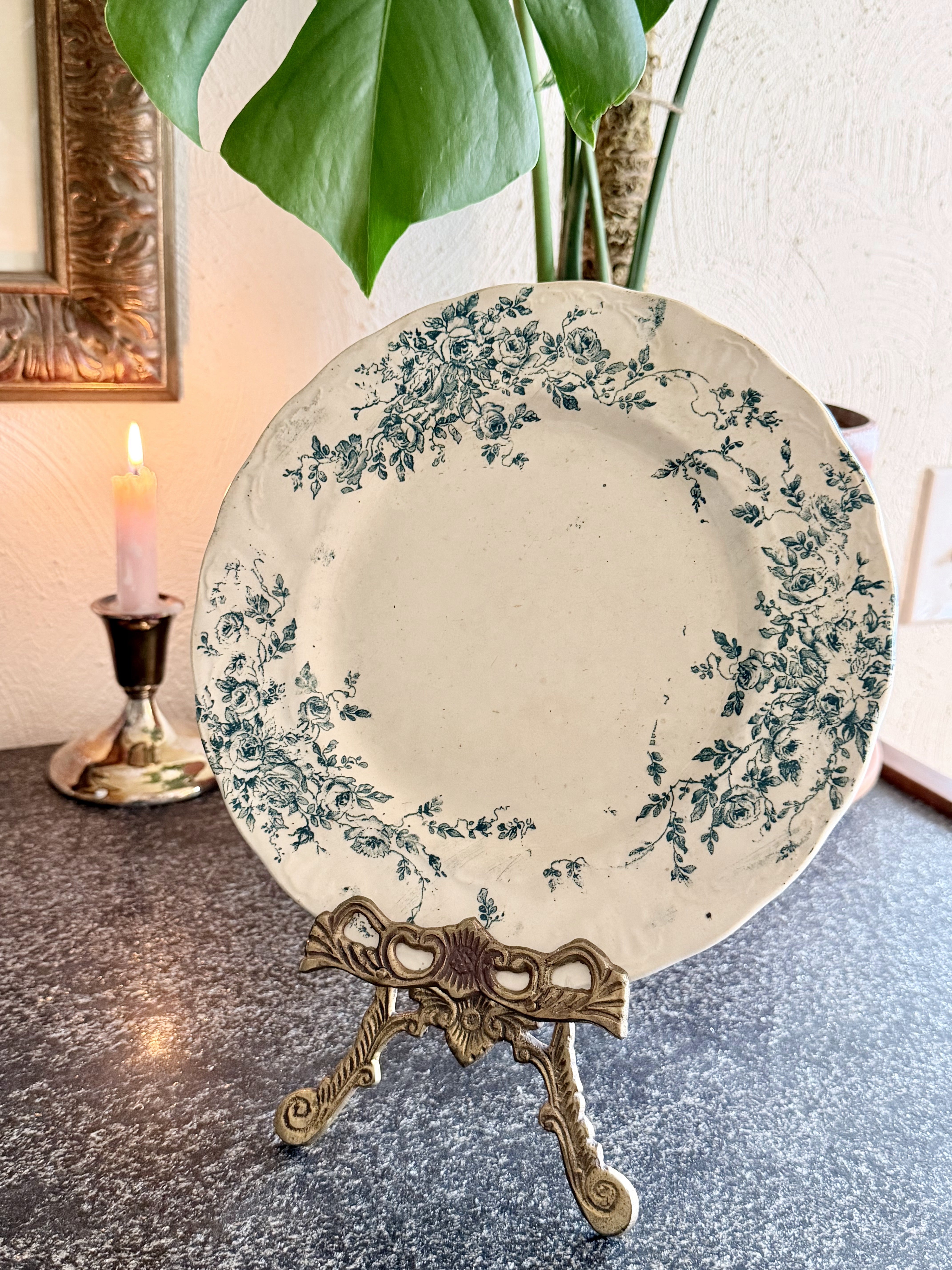 Antique Terre de Fer Green Floral Plate