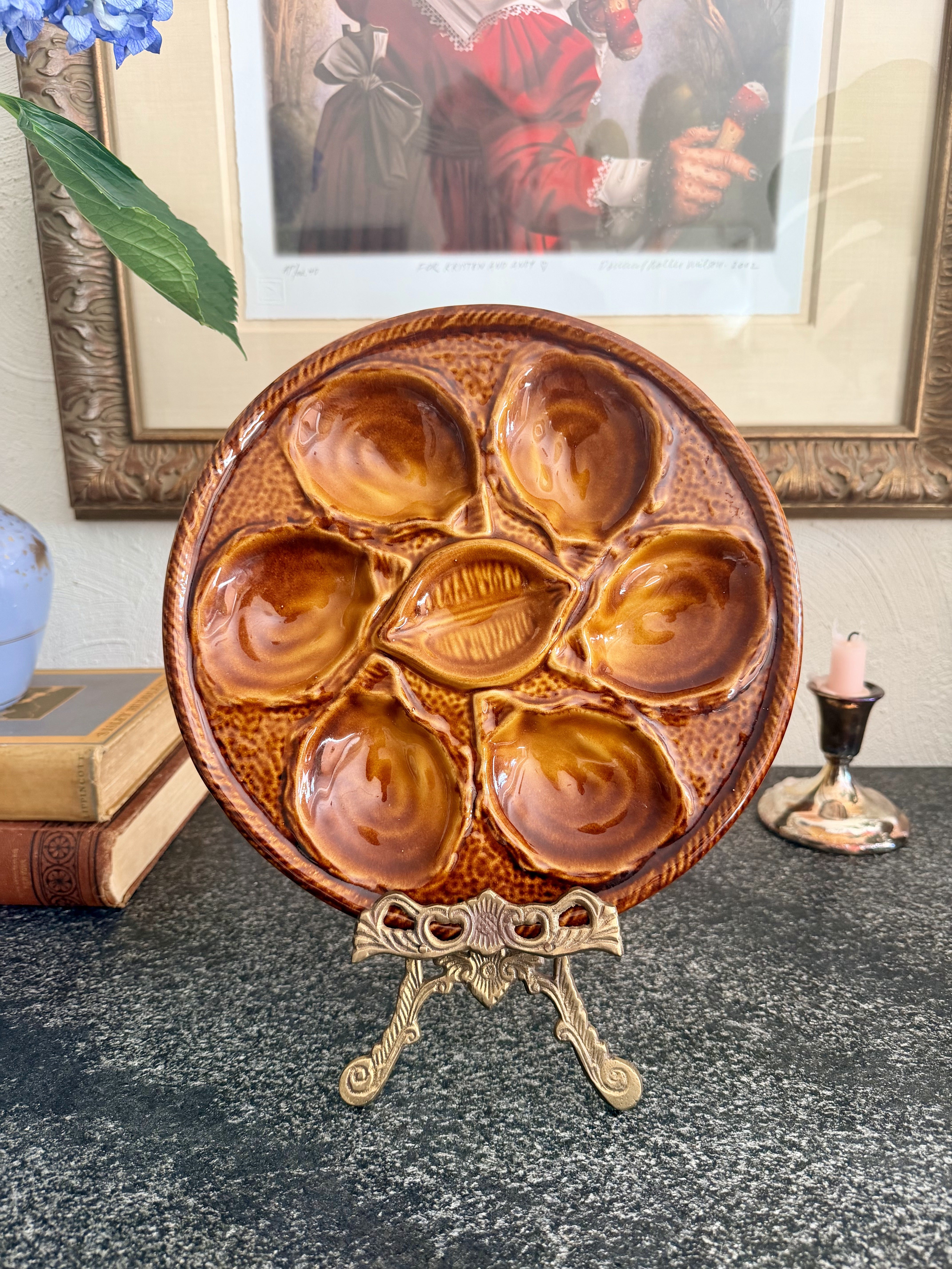 French Majolica Oyster Plate - Brown