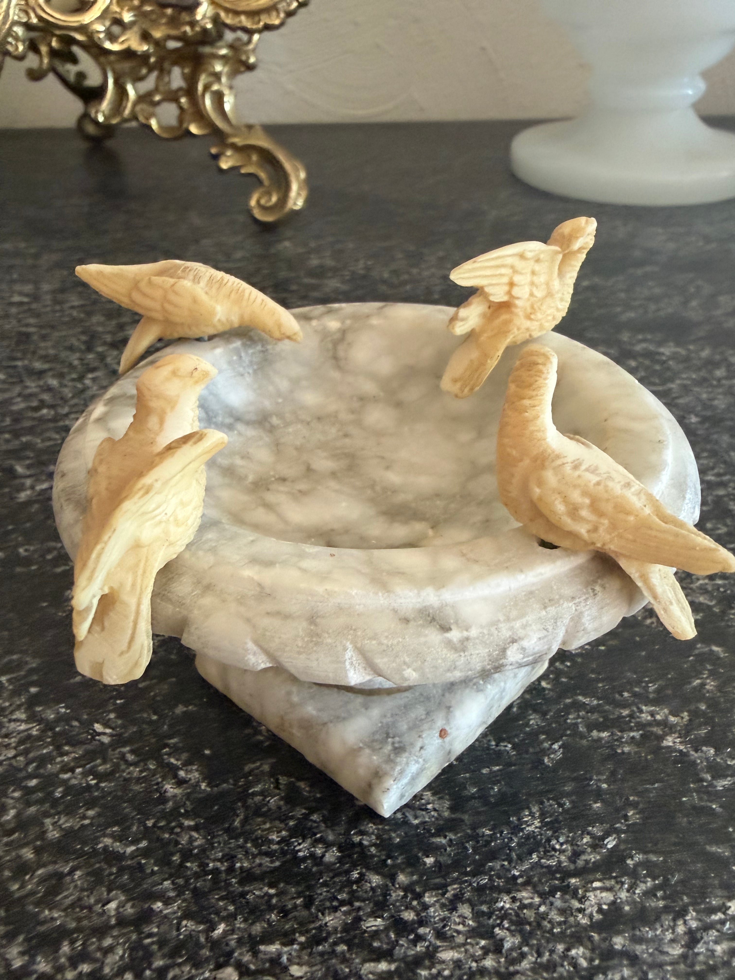 Alabaster Birdbath with Four Birds