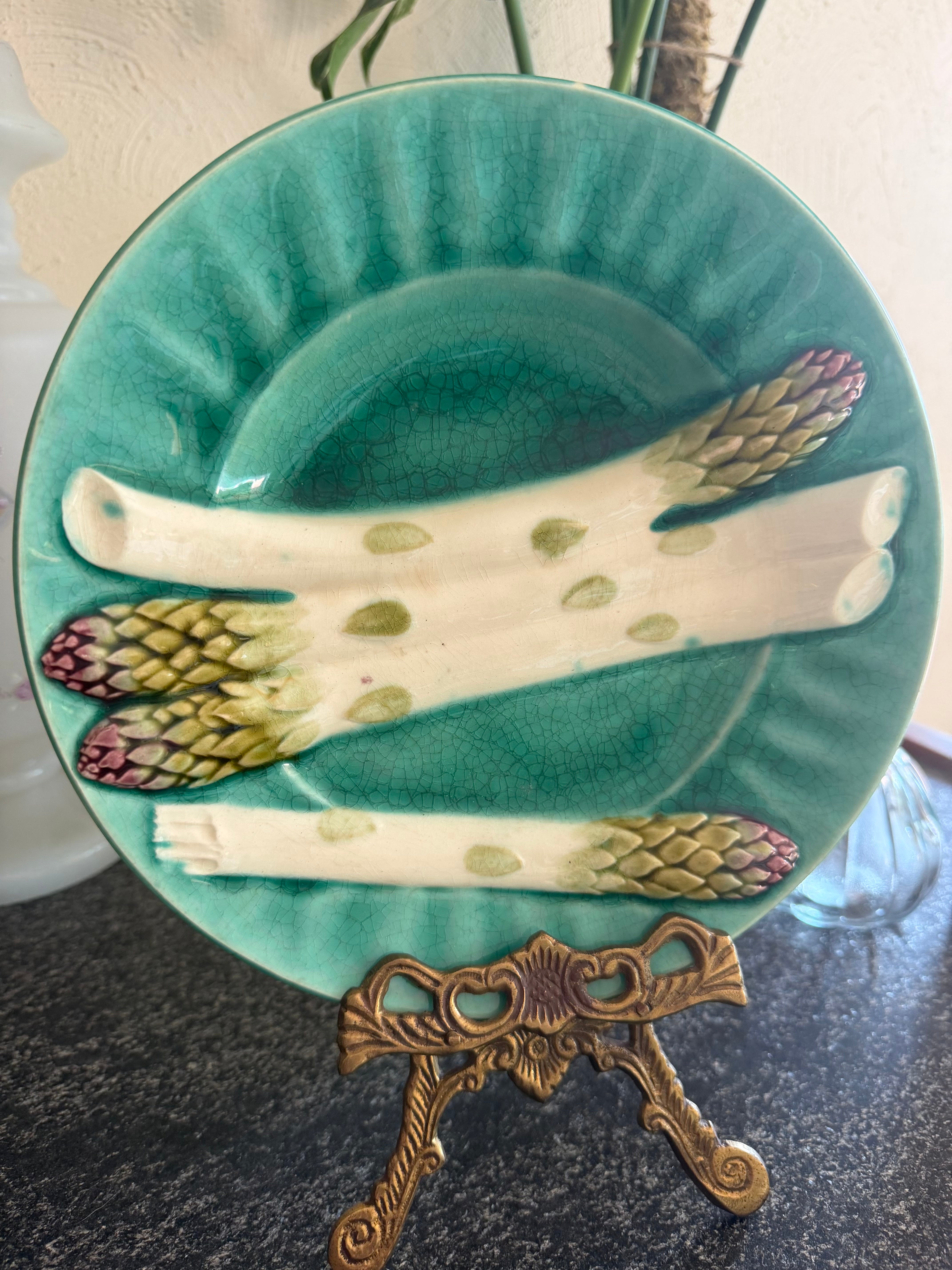 Antique Green Majolica Asparagus Plate