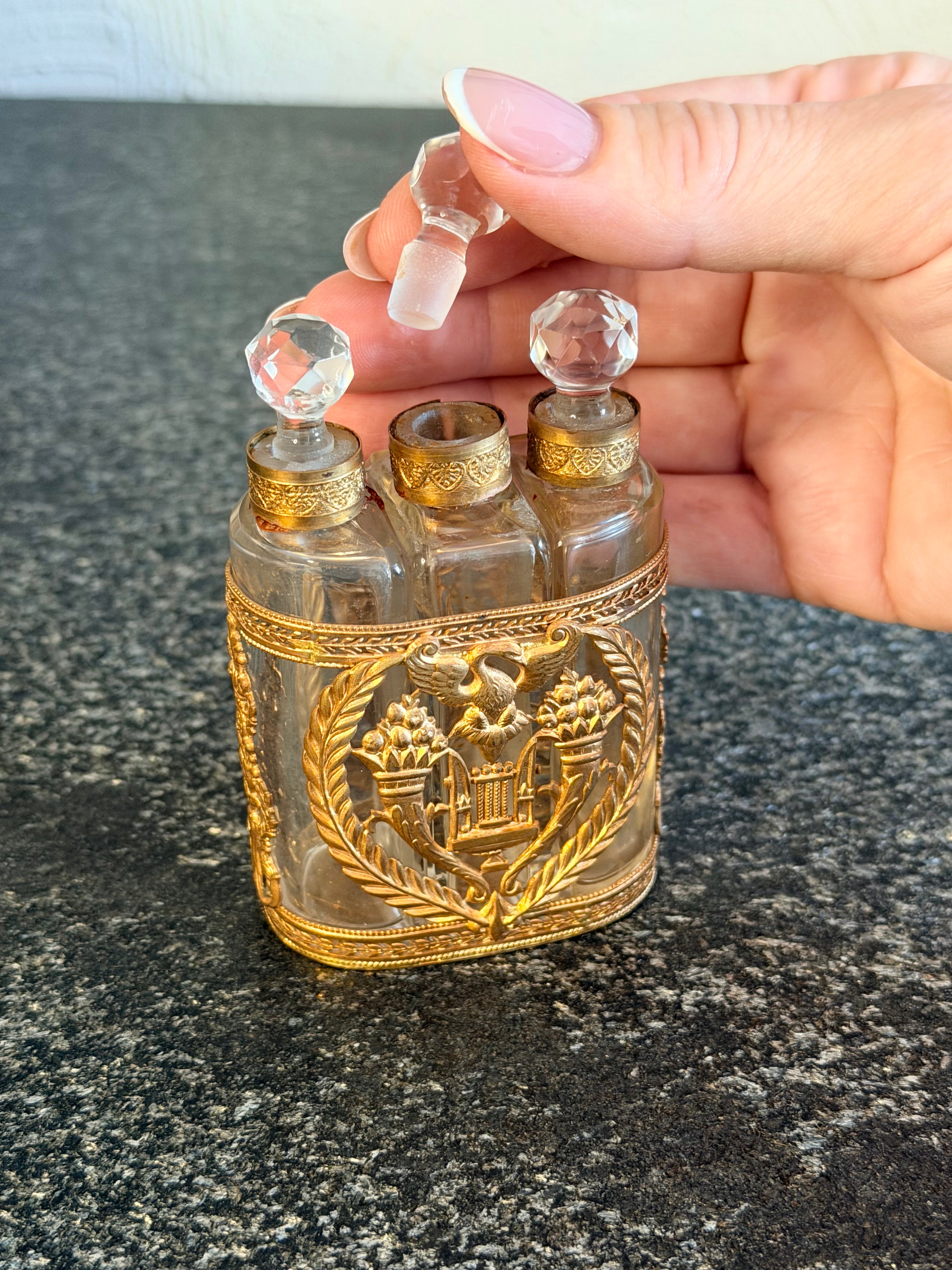 Antique Ormolu and Crystal Trio Parfum Bottle