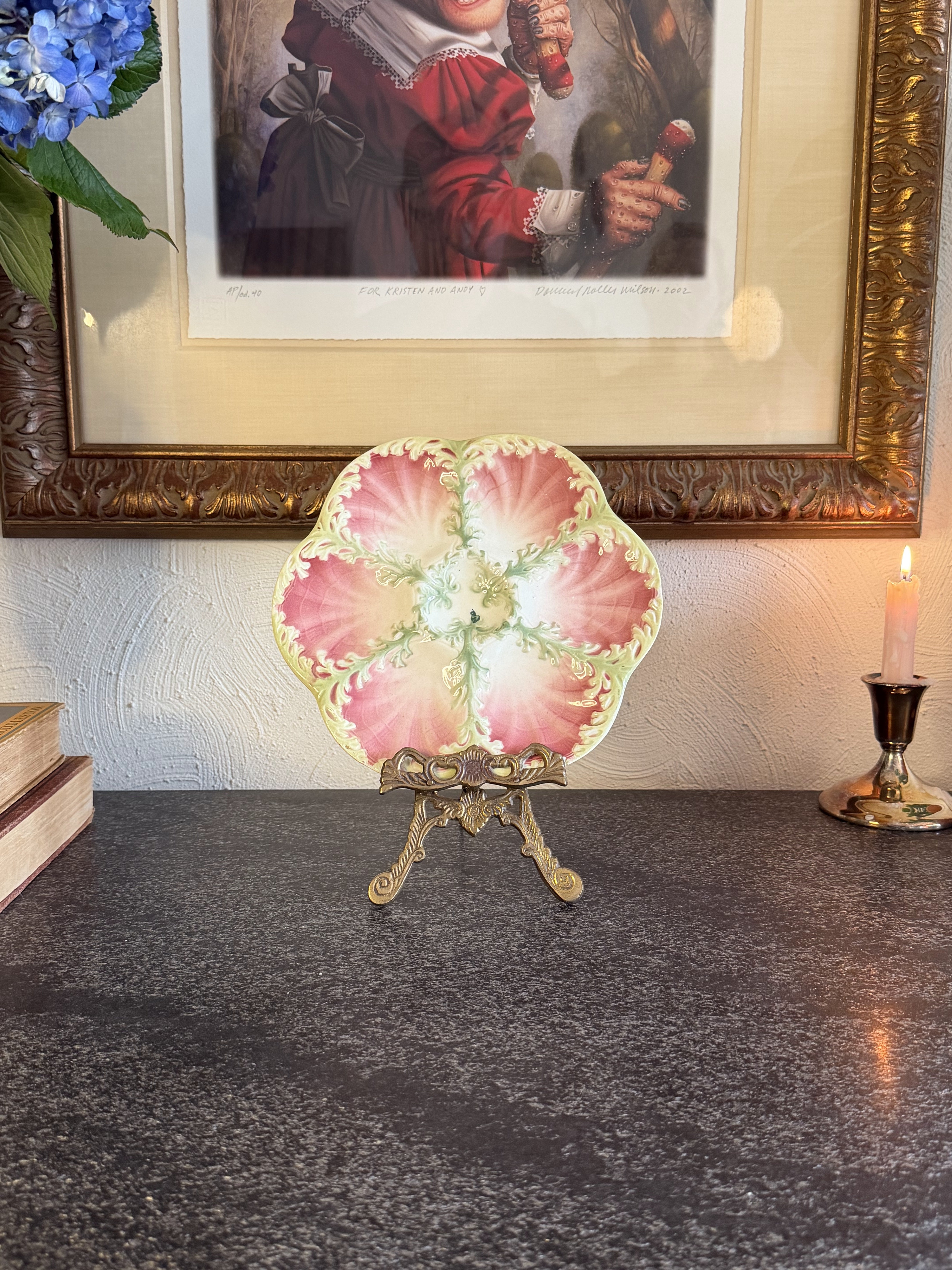 Antique Pink and Green Majolica Oyster Plate