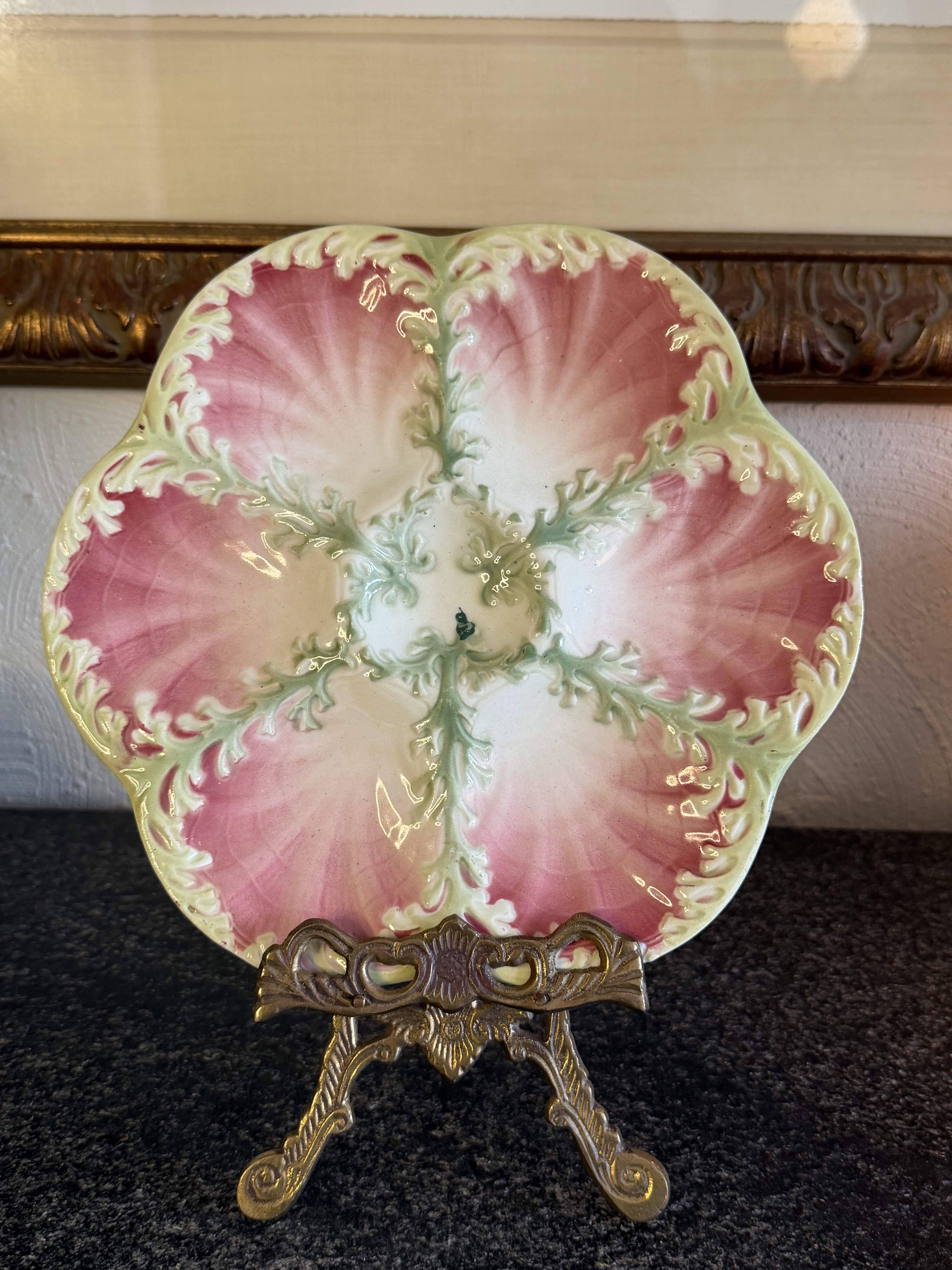 Antique Pink and Green Majolica Oyster Plate