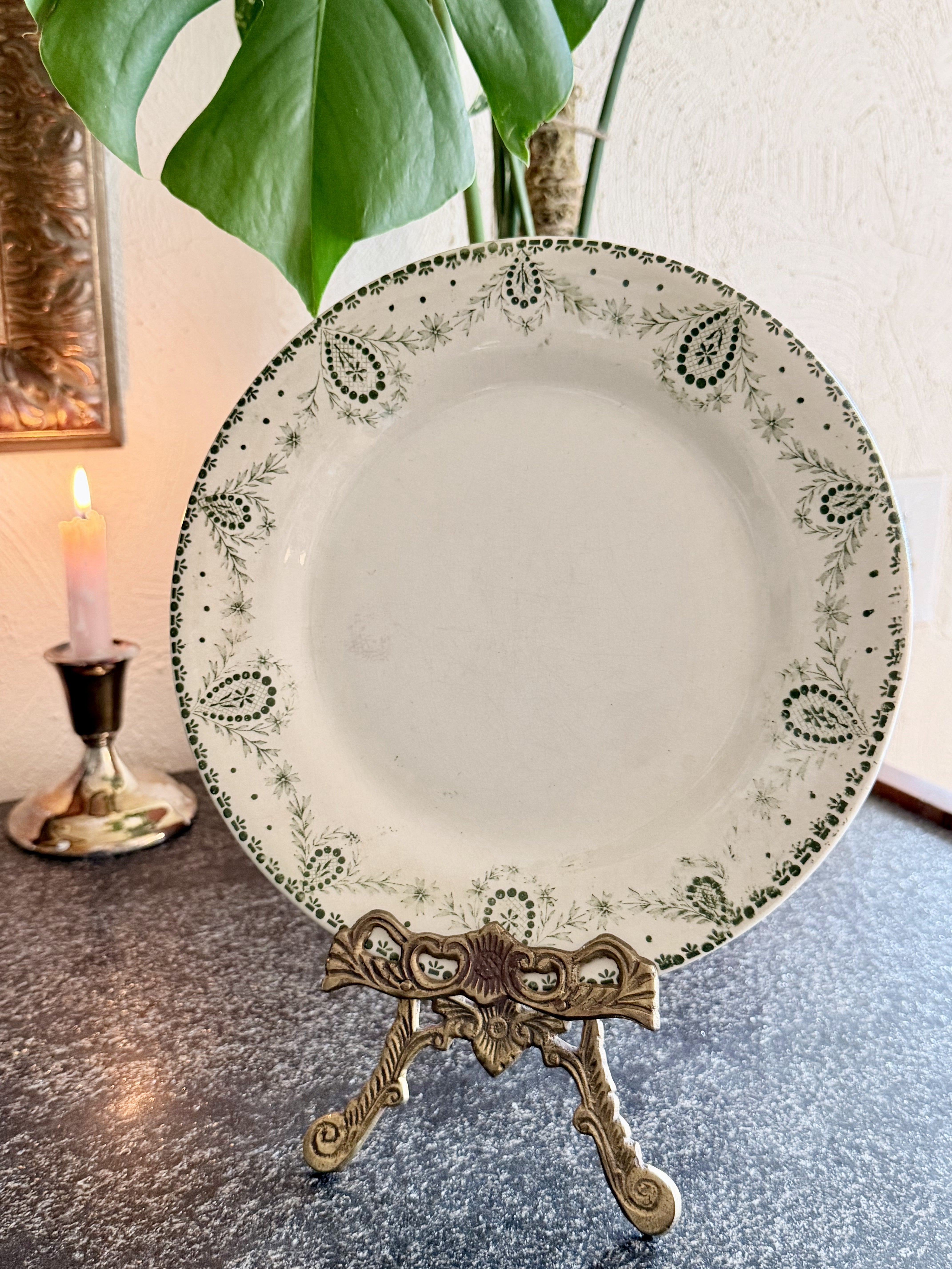 Antique Terre de Fer Ornate Green Rim Plate