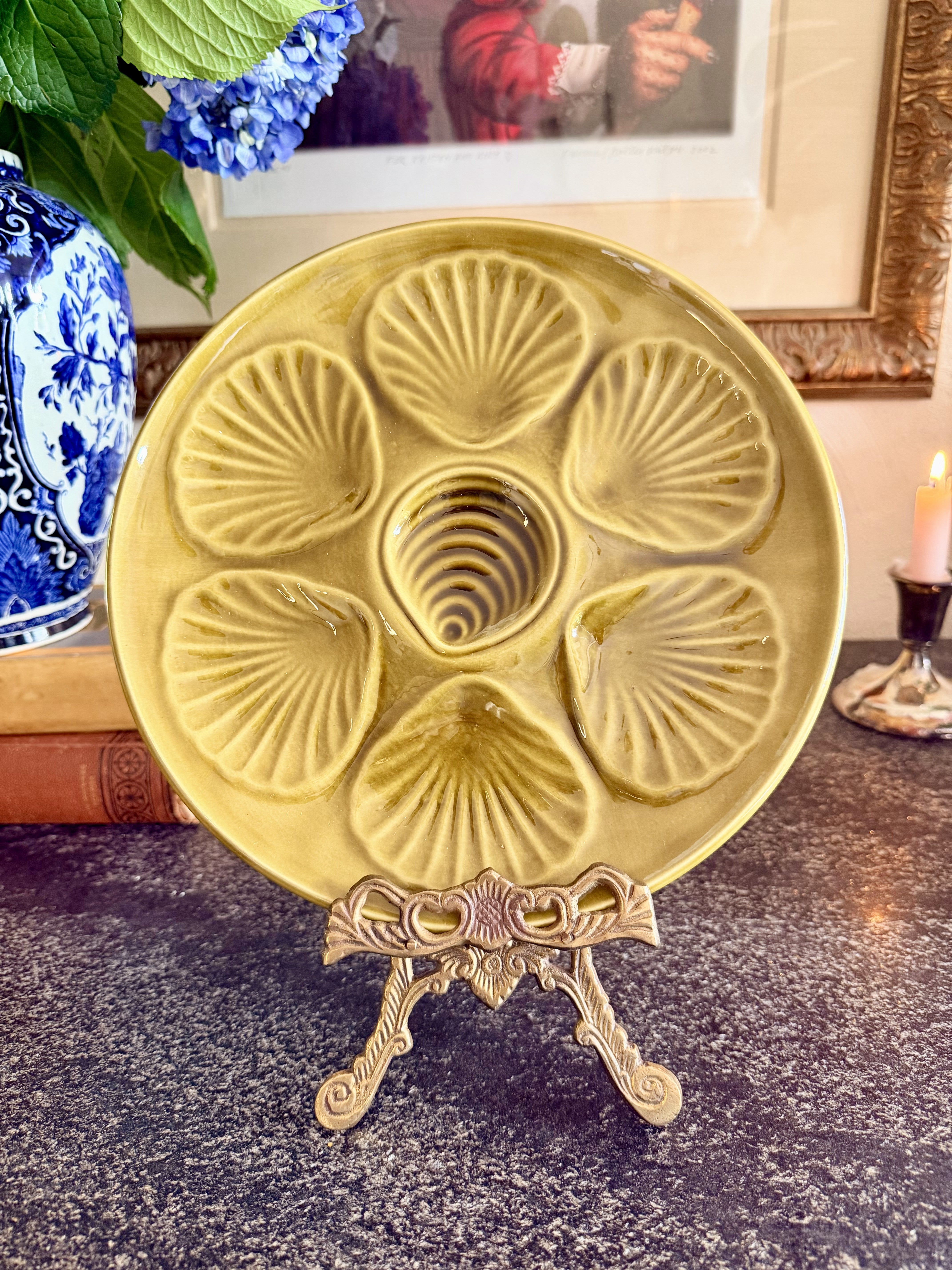 French Majolica Oyster Plate - Green