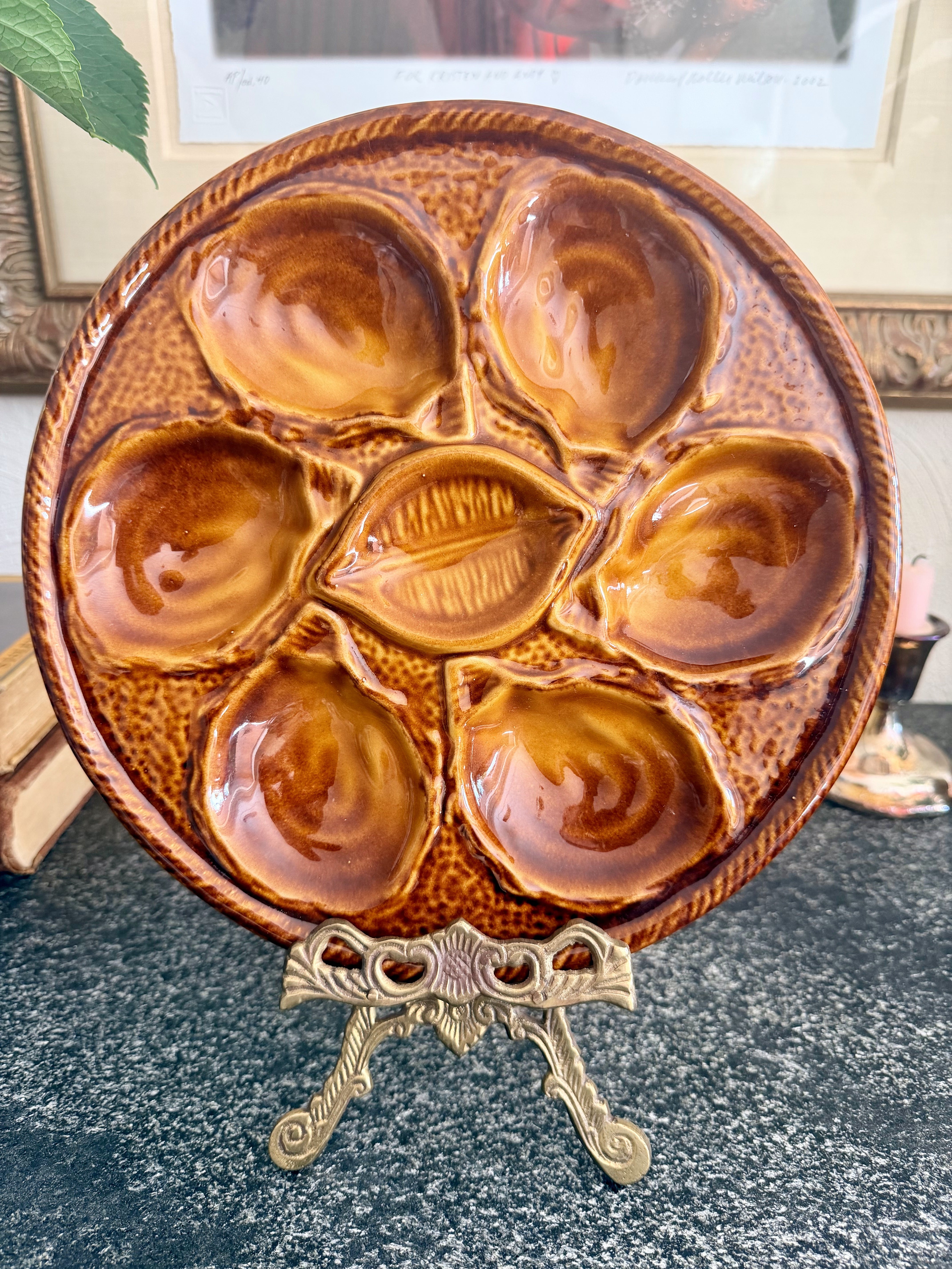 French Majolica Oyster Plate - Brown