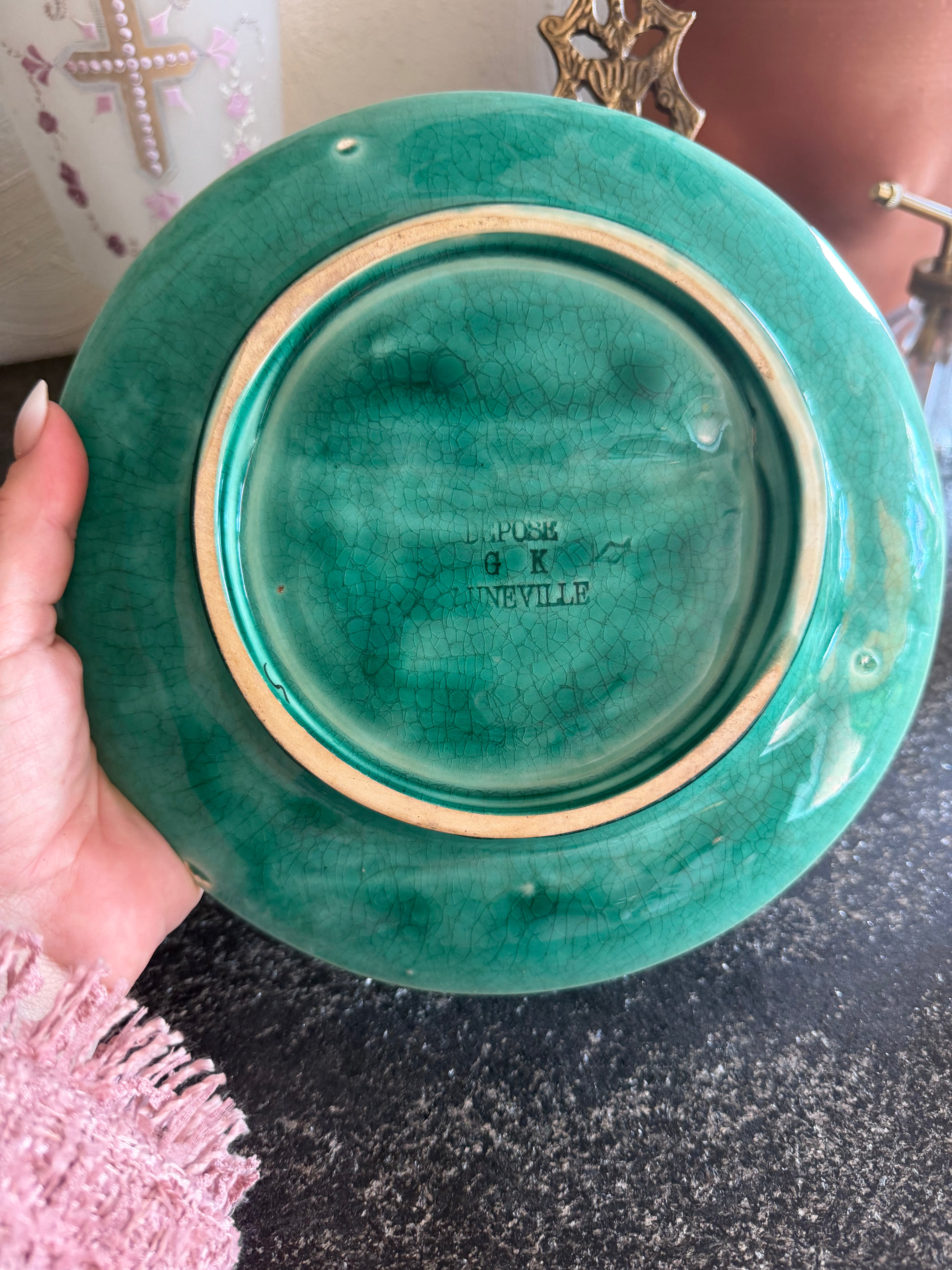 Antique Green Majolica Asparagus Plate
